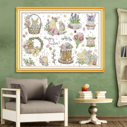 Image of Rosyfoxes Cross Stitch Kits Stamped Full Range of Embroidery Starter Kits for Beginners DIY 14CT 2 Strands - Printed kit Easter Bunny (Printed) 22.8x16.9 inches