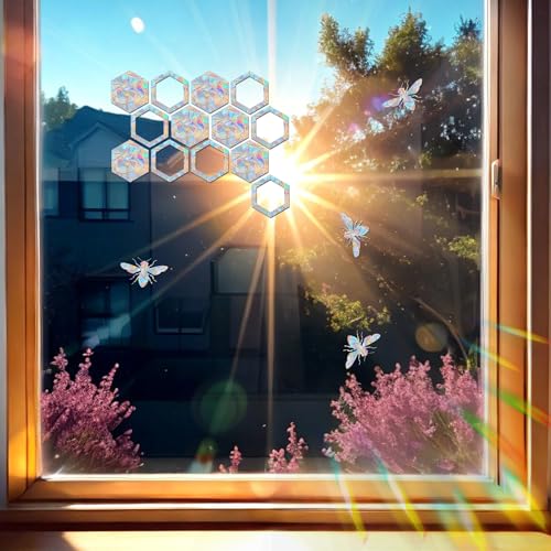 Image of Window Clings for Birds - Anti-Collision Window Decals - Prismatic Non Adhesive Vinyl Rainbow Glass Stickers to Save Birds from Glass Strikes (Honeycomb, 51 Pieces)