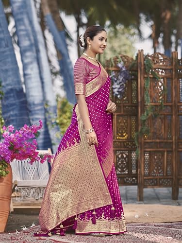 Image of MANOHARI Women's Trendy Banarasi Satin Silk Woven Saree with Heavy Jacquard Work, Elegant Design, Silk Saree with Maching Lace Border Unstitched Blouse Piece for Weddings & Festive Occasions