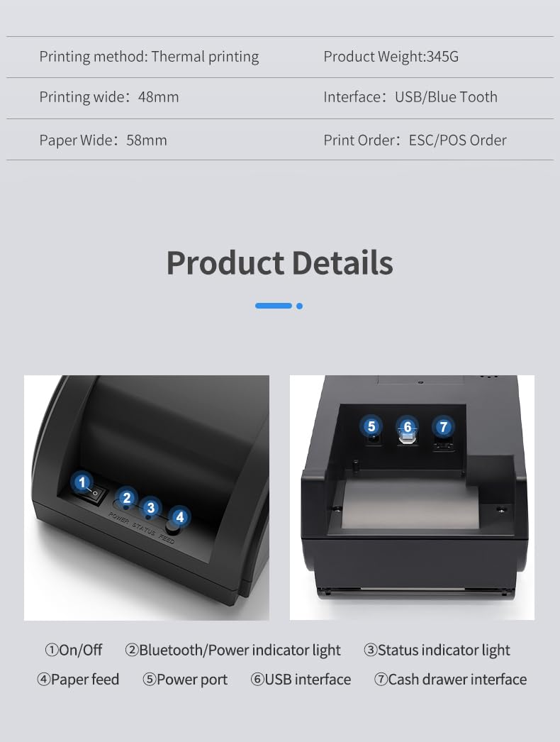 TKMARS Impresora Termica Bluetooth Portátil，Impresora de Recibos 48mm Velocidad de Imprimir 90mm/s ESC/POS，Compatible con Windows/Mac/Chromebook 25A04008.