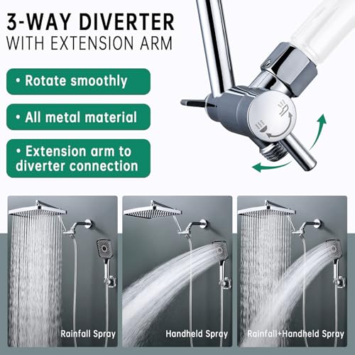 V-Frankness Shower Heads with Handheld Spray Combo, 13 Inches Rain Shower Head with 4 Mode Handheld Wand, and 13 Inches Adjustable Extension Arm, 3 Way Diverter Valve, Extra Long Hose (Chrome) by V-Frankness - Image 4