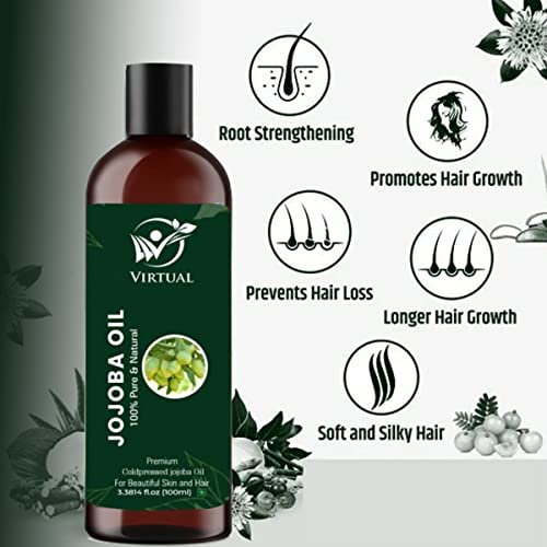 Image of VIRTUAL Pure Jojoba Essential Oil For Stronger Hair, Body Skin Care, Moisturizing Dry Skin, Eyelash & Nails Cold Pressed Oil With No Mineral & Silicones