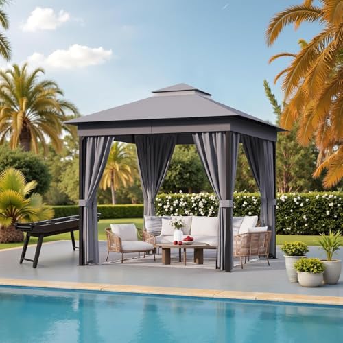 Devoko Outdoor 8x 8 Gazebo Small Soft Top Deck Gazebo with Mosquito Netting Heavy Duty Metal Frame Canopy with Expansion Bolts and Double RoofsParty Tent & Shelte for Backyard Garden (Grey)