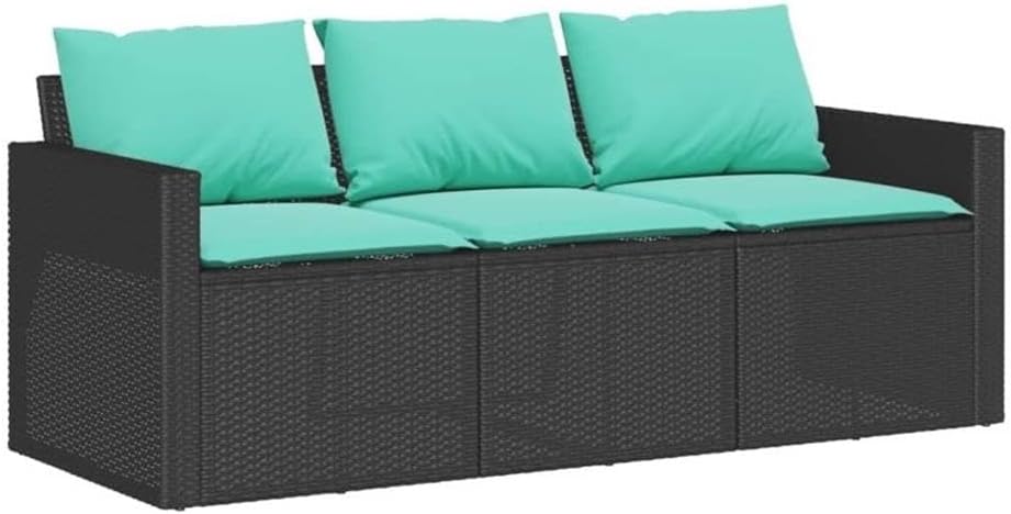 BOWERY HILL Medium PE Rattan Outdoor Sofa, Black Powder-Coated Frame, Blue Weather-Resistant Cushions, 63.8 x 24.4 in, Rectangular 3-Seater, Lightweight Design, Garden Patio or Terrace Furniture