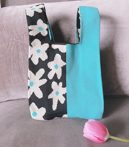 Image of Knot Bag, Mini Knit Tote Bag, Extra Thickened Japanese Knot Bag, Wristlet Handbag, Aesthetic Crochet - 2Pcs Blue Floral & Black & White Floral(Very Small)