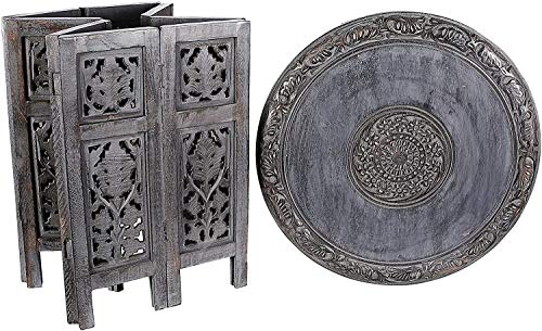 Solid Wood Hand Carved Accent Table, Side Table, entryway Table, Wooden end Table, Bedside Table, Octagonal Wooden Table - 15 Inch Round Top x 15 Inch High - Grey