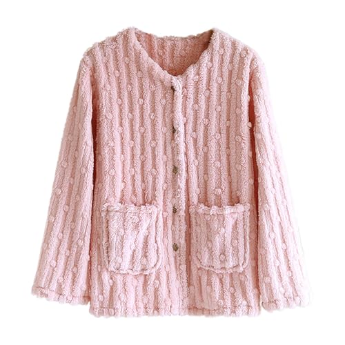 Flannel Bed Jackets for Women Warm Fleece Jacket Thickened V-Neck Fluffy Pyjamas Tops Comfy Pjs Nightwear Ladies Fleece Lounge Wear Cardigan Button Down Pyjamas Autumn Winter Home Clothers Nightwear