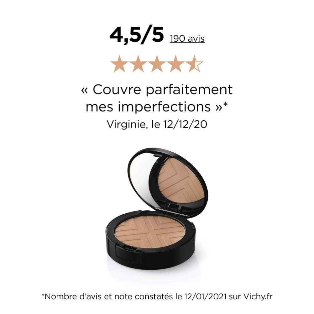 Vichy, Dermablend Covermatte, Fond de Teint Poudre Compacte, Anti-Imperfections, Longue Tenue 12H, Haute Couvrance, SPF 25, Adapté aux Peaux Sensibles, Teint : Gold 45, 9,5 g