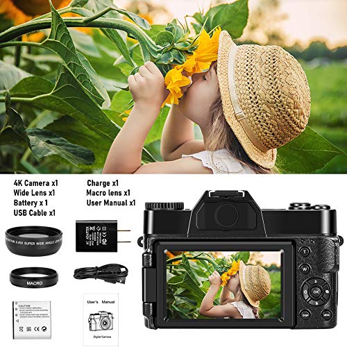 4K Camera Digital Camera 48MP Vlogging Camera with YouTube 30FPS Video Camera Camcorder 16X Digital Zoom Vlog Camera with Flip Screen Camera (Fixed Focus/Without Micro sd Card)