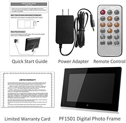 Contents of the Sungale PF1501 Digital Photo Frame package, including the frame, power adapter, remote control, quick start guide, and warranty card.