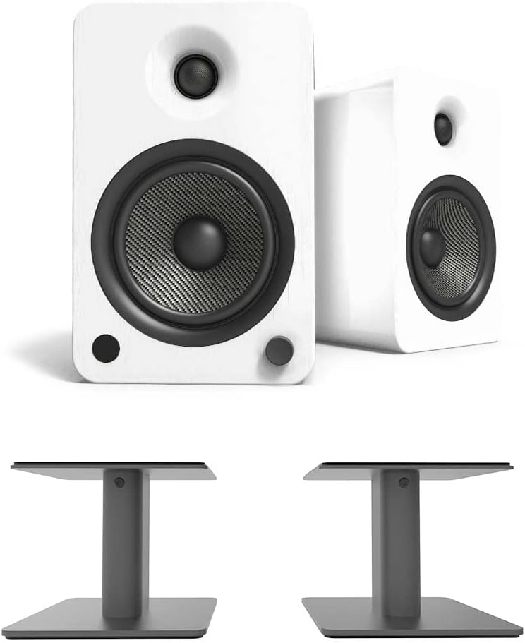 Kanto YU6MW 200W Bookshelf Speakers with Bluetooth - Matte White (Pair) with Kanto SP6HD 6" Fixed-Height Desktop Stands for Bookshelf Speakers - Black (Pair) (2022)