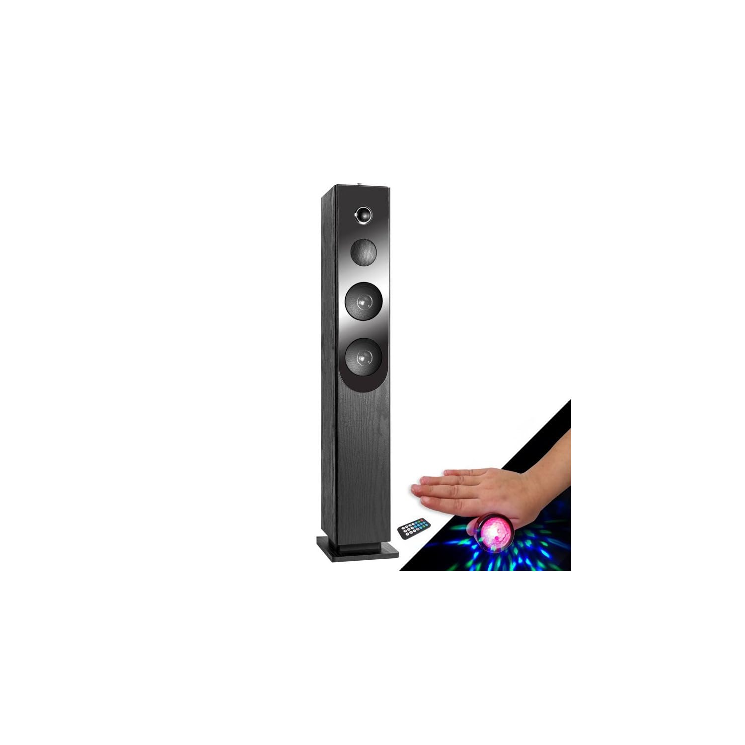 INOVALLEY Tour de Son Blacktower Lecteur CD, Colonne Bluetooth, FM et USB, 100W, télécommande, Jeux de lumières Bagues LED en Cadeaux