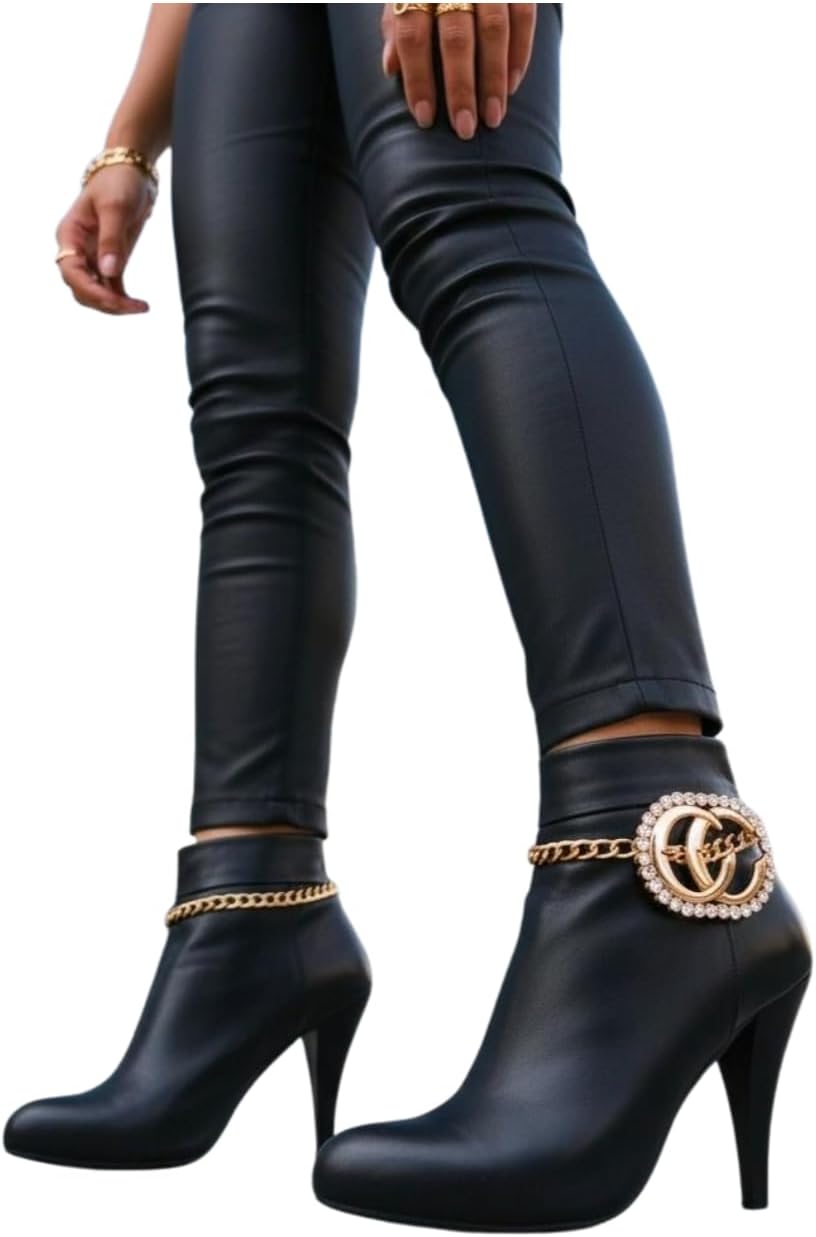 Women’s Gold Metal Boot Chain Bracelet Bling C Charm Shoe Anklet Set Western Fashion Jewelry Accessory – A PAIR 11"-15" BC14