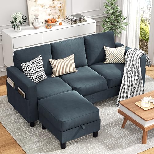 JY QAQA Convertible Sectional Couch with 3-Seater Sofa, L-Shaped Ottoman Sofa with Modern Linen for Apartment, Small Living Room and Small Space (Dark Gray)