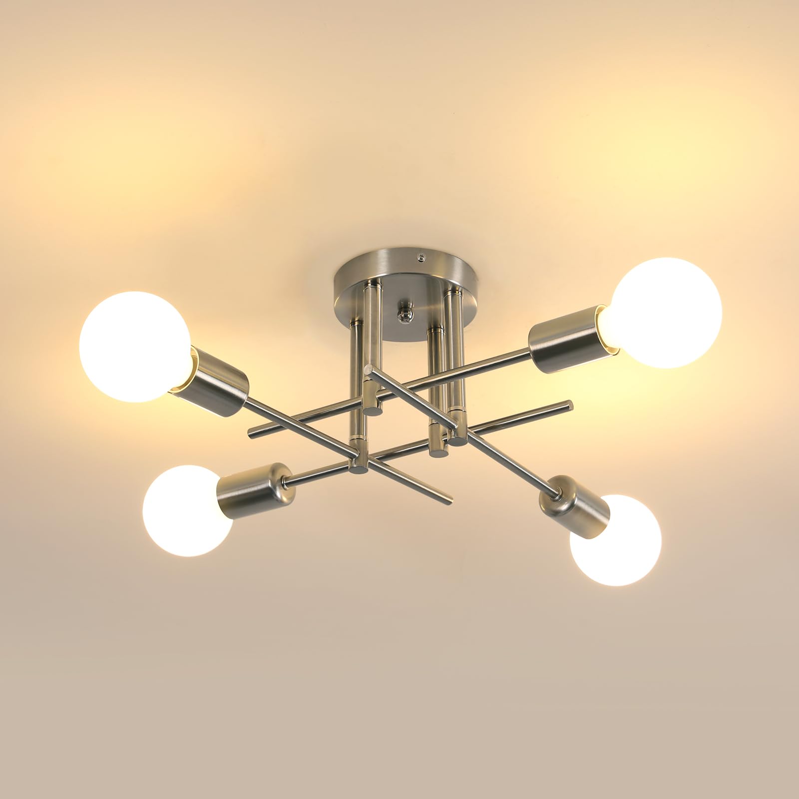 Goeco Ceiling Light Chandelier Vintage E27 4-Bulb Metal Nickel | Ceiling Light E27 Lamp Socket Industrial Pendant Light for Bedroom, Living Room, Dining Room, Kitchen, 43 cm