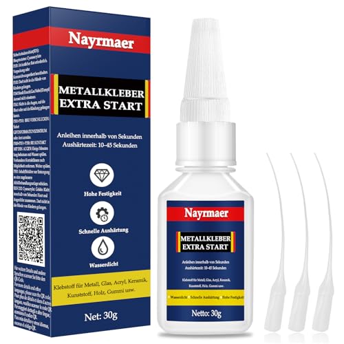 Nayrmaer Metallkleber 30g, Metall Kleber Wasserfest mit Anti-Trocknungsspitze, Sekundenkleber Extra Stark für Metall, Stahl, Zink, Aluminium und mehr