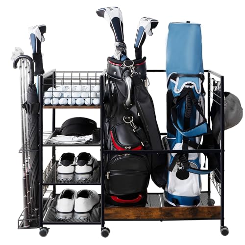 Golf Bag Organizer for Garage, Golf Accessories for Men Women, Golf Bag Stand, Golf Storage Organizer with 2 Hooks, Storage Rack for 2 Golf Bags, Sports Equipment Organize, Golf Club Holder