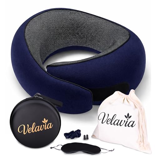 Image of Travel Neck Pillow,Ergonomic 360 Memory Foam Support for Head, Neck. Adjustable for Long Flights. Soft &Washable Cover, EVA Box, 3D Eye Mask, Earplugs, Hair Tie & Luxury Bag (Dark Blue)