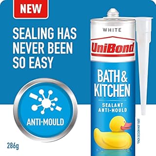UniBond 2652145 Bath & Kitchen Sealant, Mould Resistant White Silicone Sealant, ideal for Showers, Toilets, Tiles, Worktops & More, Durable & Waterproof, Easy Bathroom Sealant, 1x285g Cartridge
