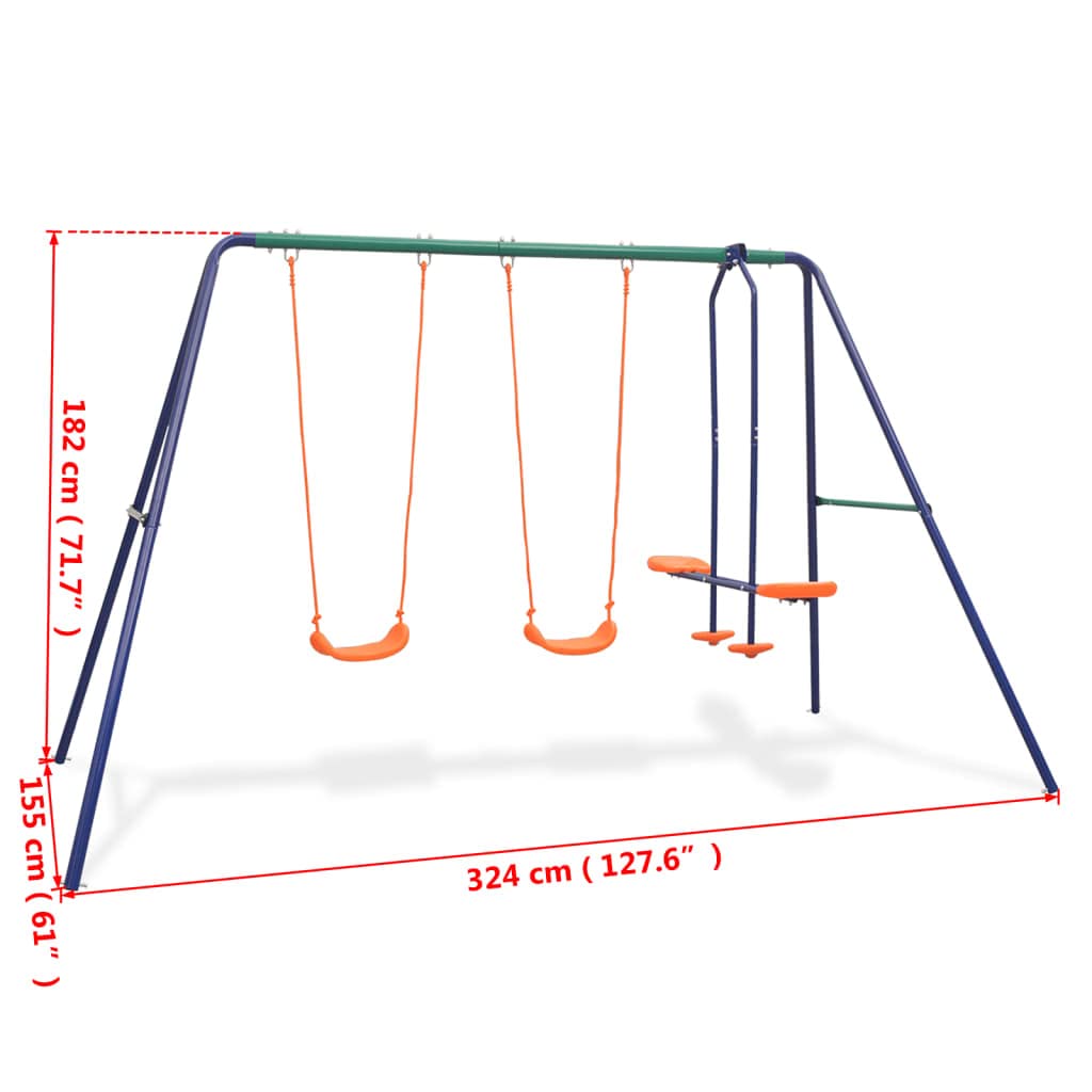 Set di altalena da giardino per bambini, 4 posti, struttura in metallo resistente alle intemperie, con tandem e sedili singoli, robusta struttura da arrampicata, casetta da gioco, scivolo