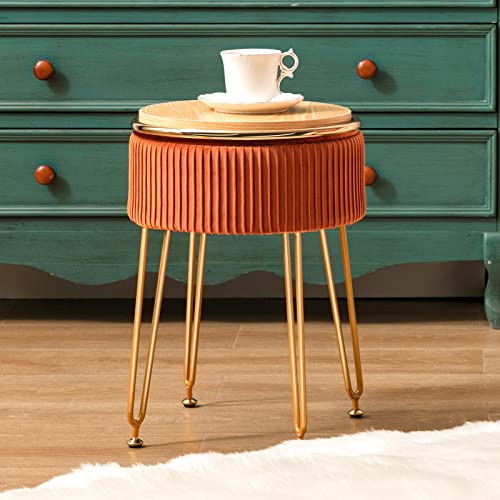 Durfii Round Storage Ottoman, Beige Velvet Vanity Stool With Metal Legs, Small Footrest Coffee Table With Round Trim, Stool For Vanity, (Pumpkin Brown) #TOP6