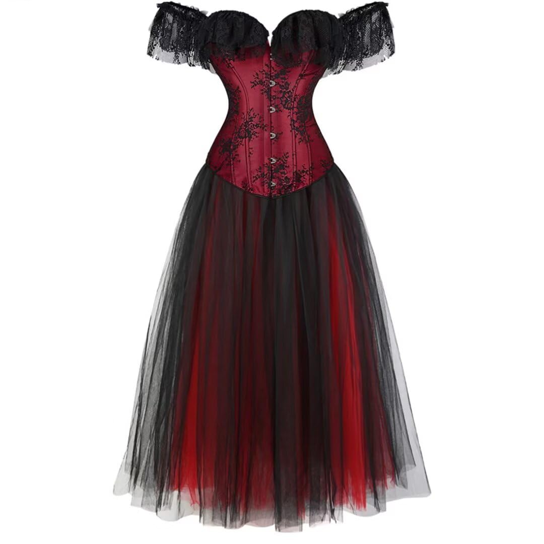 Grebrafan Gothic Piratin Korsett Corsage mit Lang Tüllrock | Prinzessinnen Halloween Kostüm Korsett Damen