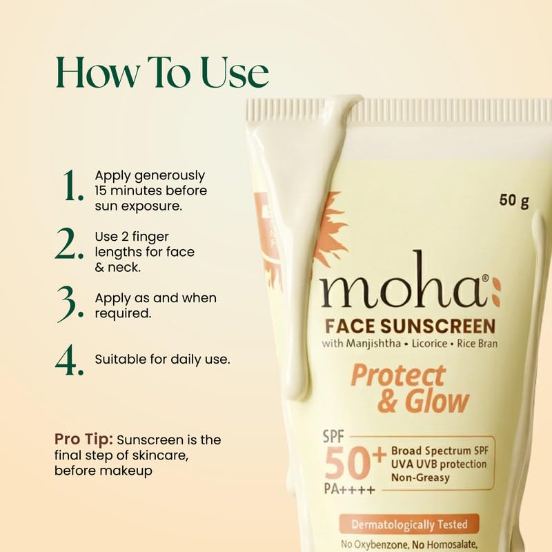 Image of Moha Face Sunscreen SPF 50+ PA++++ Pack Of 1, 50 g Photostable New-Gen UV Filters with Photoageing Repair Benefits | pH Balanced | Lightweight Sunscreen Lotion | Non-Comedogenic | For Sensitive Skin.