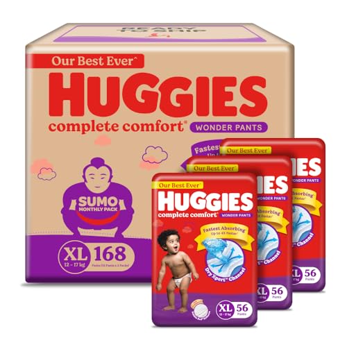 Image of Huggies Complete Comfort Wonder Pants | Pant Style Baby Diapers Extra Large Size (XL), 168 Count | India's Fastest Absorbing Diaper, Prevents Diaper Rash, Ideal for 12 to 17 Kgs (56 Count, Pack of 6)