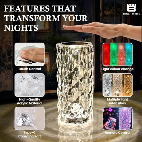 Image of Crystal Table Lamp Color Changing, Diamond & Transparent 3D Light for Bedroom, Living Room, Party Dinner Decor