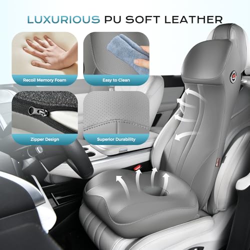 Image of Coverado Memory Foam Car Seat Cushion and Lumbar Support Headrest Pillow, 2-in-1 Integrated Ergonomic Back Support Neck Pillow, Breathable Seat Cushion for Sciatica Back Tailbone Pain Relief, Gray