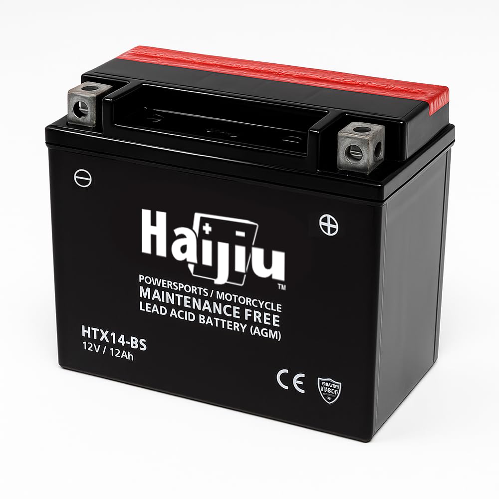 Haijiu HTX14-BS Batería de Arranque AGM para Moto y Scooter | 12V, 12 Ah, 200 CCA | Sin Mantenimiento, Antivibración