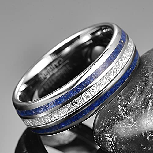 Imitated Meteorite Rings for Men 8mm Tungsten Wedding Band Ring with Blue Lapis Lazuli/Carbon Fiber Inlay Dome Style Comfort Fit Size 7-133