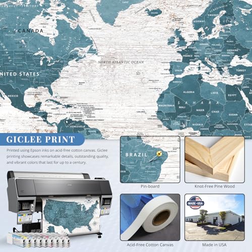 Image of IPIC - Antique Blue World Map & USA Map Canvas Wall Art Set of 2, Travel Wall Decor with Pins Included, Ready to Hang for Office or Living Room, 24x16 Inch