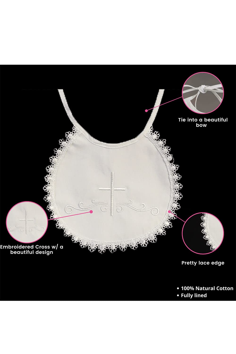 Pink Princess Made in USA - White Baptism Bib Boy - Christening Cotton Baby Baptism Bibs with Embroidered Cross - Baptismal Gifts