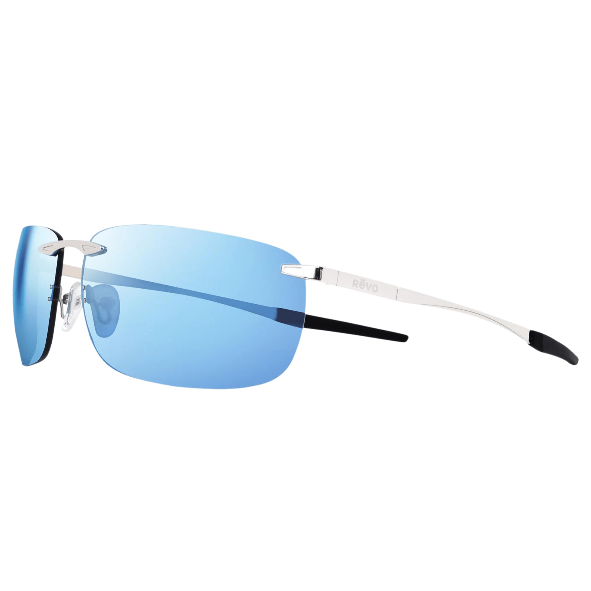 Revo Sonnenbrille Descend Z: Polarisierte randlose Gläser mit Bügeln aus Edelstahl, Gestell aus satiniertem Chrom mit blauen Gläsern