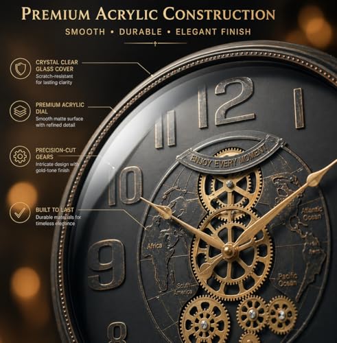Image of ARMONIA ChronoGear Wall Clock - 50cm Large Industrial Real Moving Gear Analog Clock | Premium Acrylic Build | Vintage Brown Mechanical Design | Modern Home & Office Decor