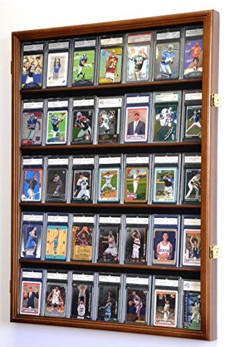 35 Graded Sport Cards / Collectible Card Display Case Wall Cabinet w/98% UV Door, Lockable, Walnut
