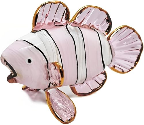 Miniatura 4 de WitnyStore Pequeña figura de pez payaso rosa y blanco de 4 pulgadas, miniatura soplado a mano, animales de cristal soplado a mano, colorido pez