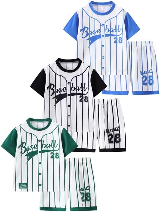 Boys 6 Piece Baseball Jersey Set Kid's Striped Printed Short Sleeve Pullover Tee and Athletic Shorts Outfits 3-14Y
