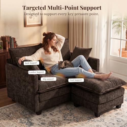 Image of KYJ Cloud Loveseat Sofa Couch with Ottoman 3 Layer Cushion for Small Spaces | 50 inch Chenille Small Sofa, 27 inch Deep Seat, 2 Washable Pillow, in a Box for Bedroom & Living room, Singles, Couple & Kid, Brown