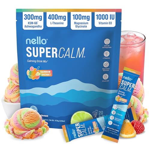 Image of Nello Supercalm Powdered Drink Mix, Cortisol Reducer and Sleep Aid Supplement, L Theanine, Ksm-66 Ashwagandha, Magnesium Glycinate, Vitamin D 3, No Sugar, Non GMO, On The Go, 20 Ct, Rainbow Sherbet