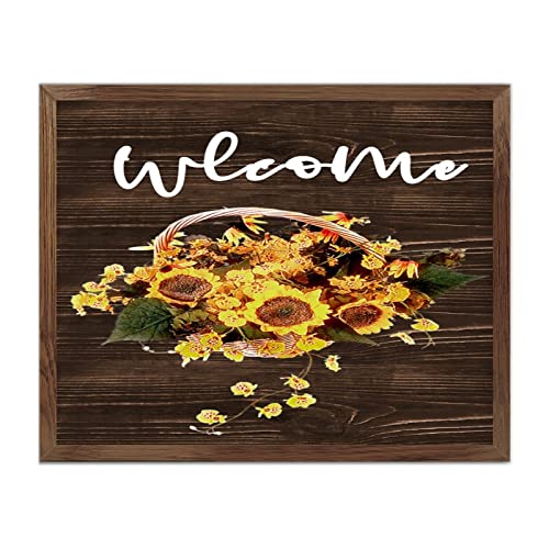 Panneau en bois Welcome tournesol rustique cadre décoration murale maison et bureau 40x50
