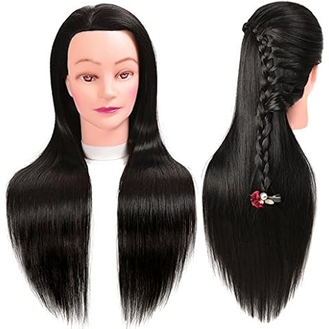 20" Synthetic Cosmetology Mannequin Training Head with Hair and Free Clamp Holder Natural Black Cover