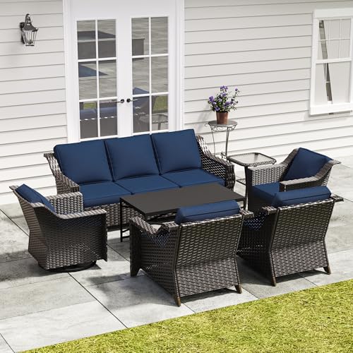 Image of 7 Pieces Outdoor Conversation Furniture Set - 77 inch Patio Sofa, 2 Armchairs, 2 Swivel Glider Chairs, 1 Side Table, 1 Metal Table, Wicker Couch with Washable Cushions for Porch (Navy Blue) | Patio Chair Set with Olefin Removable Cushion, All-Weather Outdoor Couch with Deep Seat for Porch, Deck and Backyard, Blue