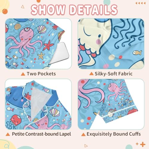 senya Blue Fish Octopus Marine Satin Summer Pajama Sets Silk Short Sleeve Button Down Sleepwear3