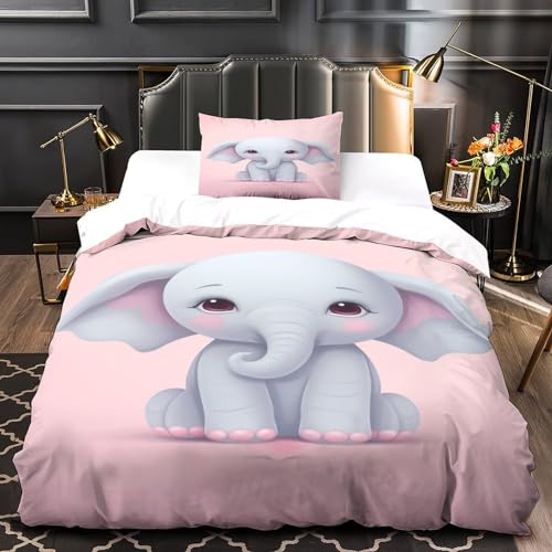 Housse de couette 135x200 cm zip invisible résistant pour lit enfant éléphant rose
