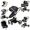 Prokoke Cuero PU Carrito Bebe 3 en 1, Carrito Bebe con Asiento Ajustable Rotación 360°, Carro Bebe 3 Piezas con Estructura de Aleación de Aluminio, Cochecito Bebe 3 Piezas Recién Nacidos (906 Black-1)
