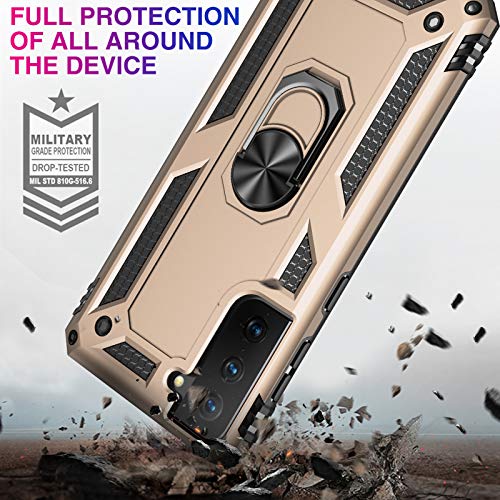 Image of Case for Samsung Galaxy S21 5G Case Heavy Duty with Built in Screen Protector Hard Armor Military Anti-Fall Bumper Cover for Samsung S21 5G 6.2 2021 Phone Cases with Magnetic Ring Kickstand (Gold)