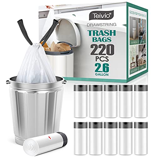 Image of 2.6 Gallon 220 Counts Strong Drawstring Trash Bags Garbage Bags by Teivio, Bathroom Bin Liners, 2,2.5,3 Gal Small Plastic Bags for home office kitchen, fit Code R 10 Liter Trash Can