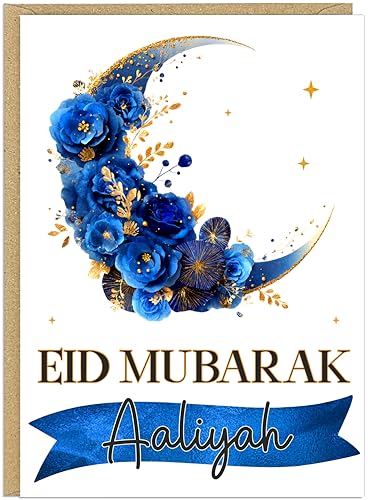 Islamic Eid al-Fitr Celebration Card | Personalised Floral Moon Designs | Custom Add Own Name Eid Mubarak Greeting Cards | Arabic Muslim Family Keepsake Gift (Blue & Gold)